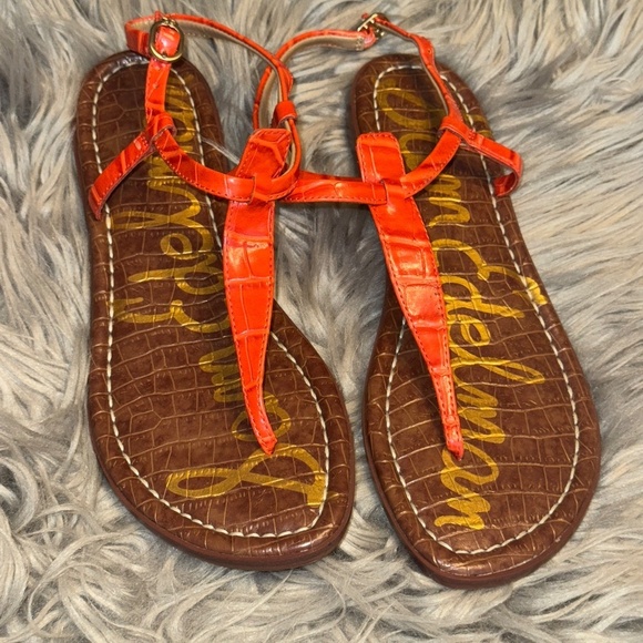 EUC Sam Edelman Gigi Orange Coral Croc Embossed Thong Sandal Flats Size 8 - Picture 4 of 8